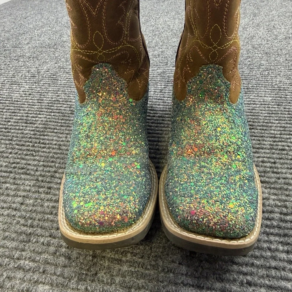Shyanne Cowboy Boots Girls‎ Youth Size 1D Teal Glitter Inlay Western Square Toe